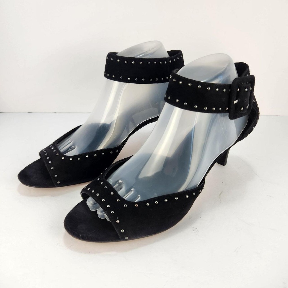 Pelle Moda Women's Size 9M Black Suede Studded Ankle Strap Kitten Heel Sandals